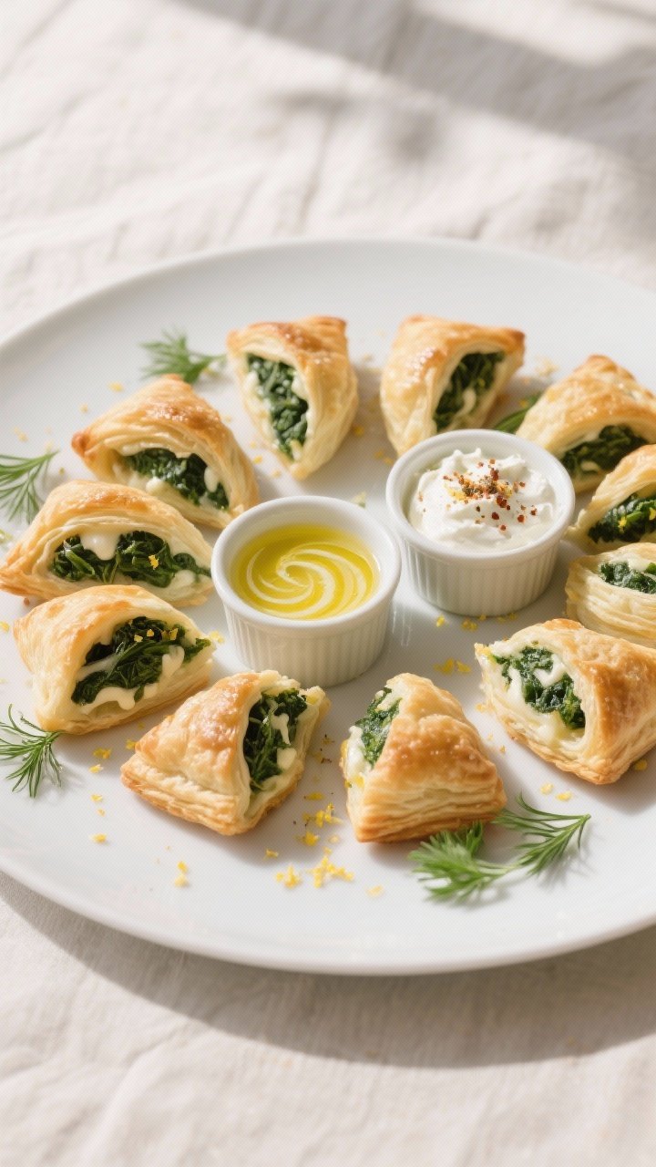 Final dish presentation: Restaurant-quality plated mini spinach and cheese puff pastries arranged in