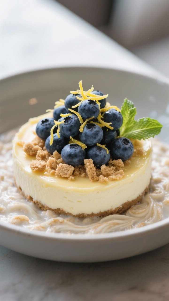 Final dish presentation: Restaurant-quality plating of the “Lemon Blueberry Cheesecake” variatio