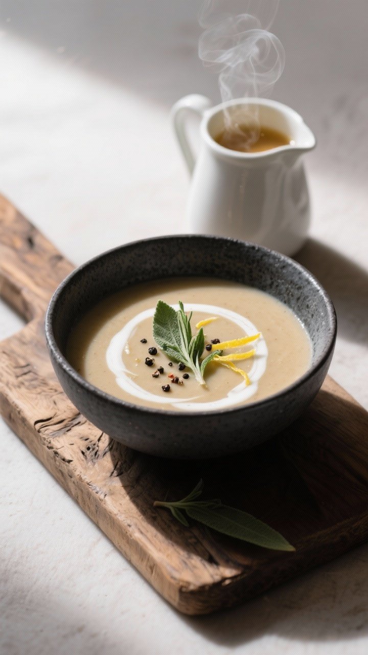 Final dish presentation: Restaurant-quality plating of the soup in a charcoal ceramic bowl on a rust