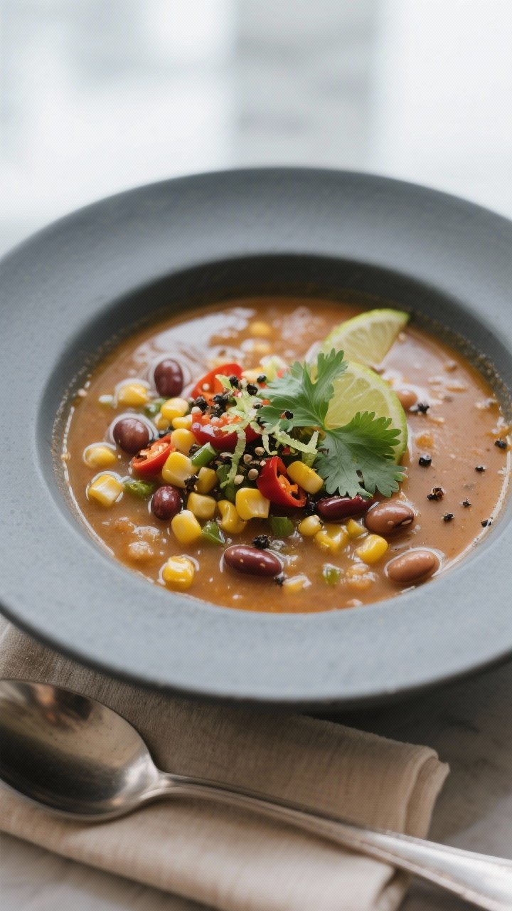 Final dish presentation: Restaurant-quality plating of a soupier version in a shallow, charcoal-gray