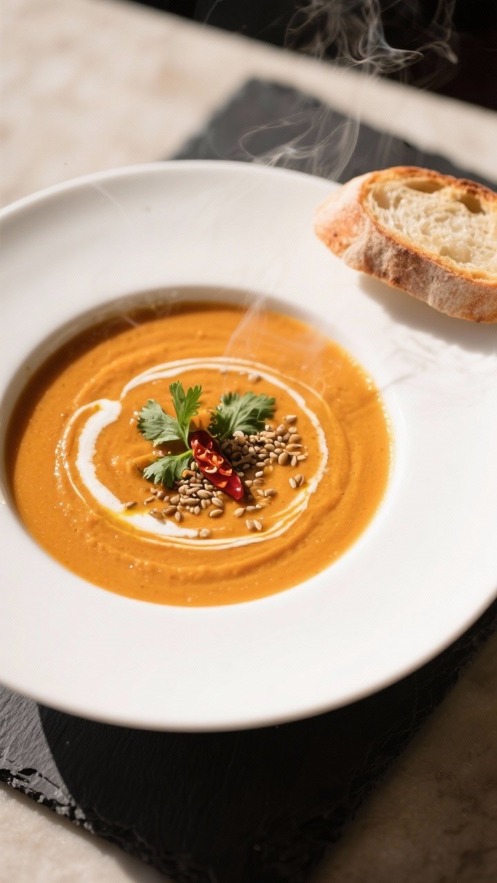 Final dish presentation: Restaurant-quality plating of the blended carrot-lentil soup in a wide, whi