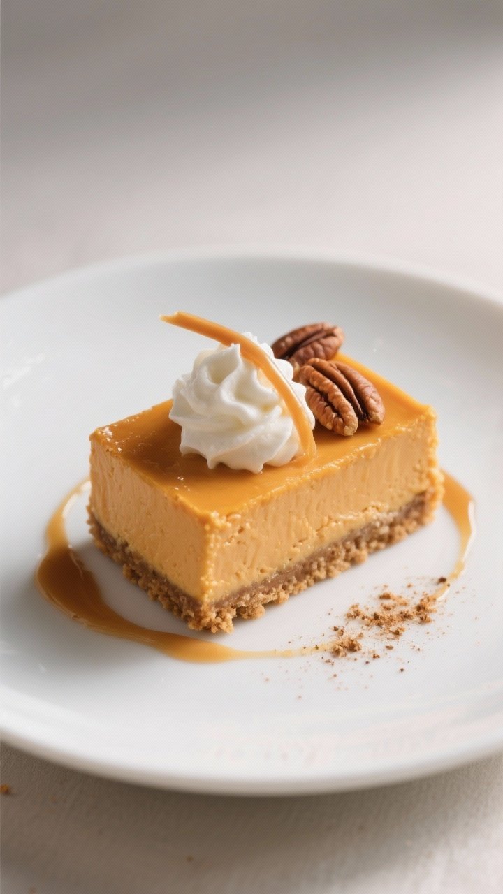 Final dish presentation: Restaurant-quality plating of a single pumpkin cheesecake bar on a matte wh