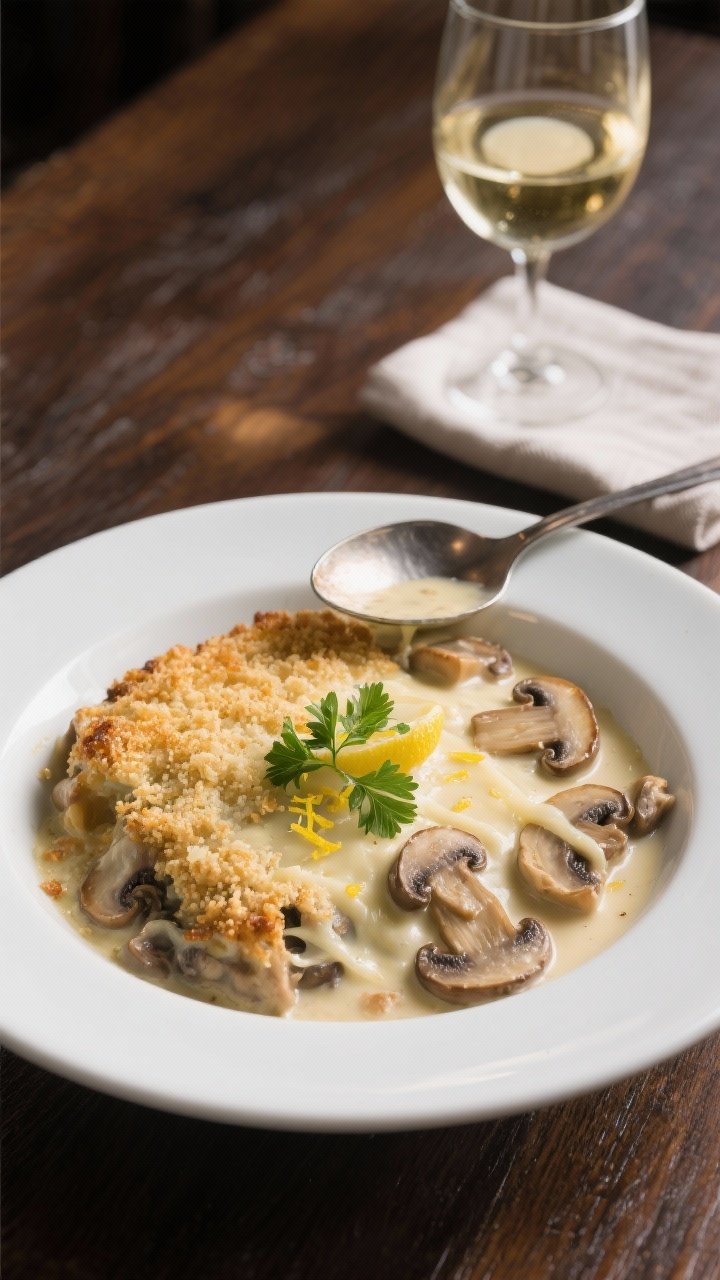 Final dish presentation: Restaurant-quality serving of creamy mushroom casserole spooned into a wide