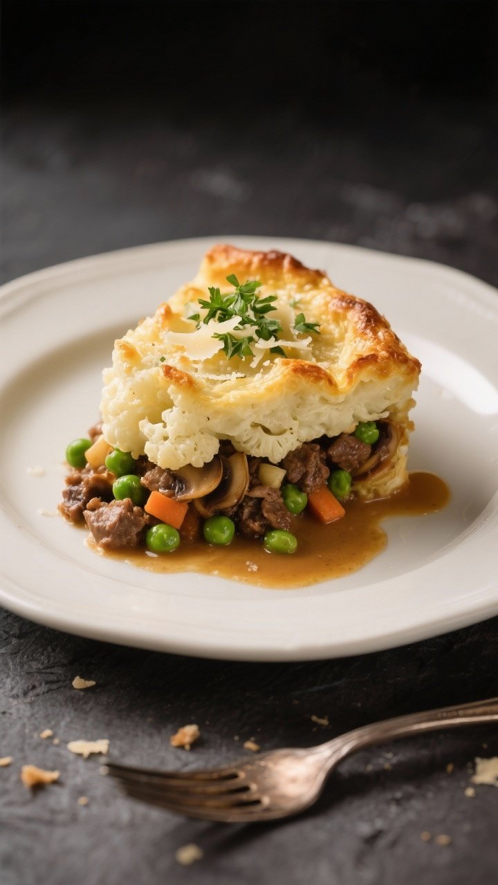 Final dish presentation: Restaurant-quality slice of Healthy Shepherd’s Pie plated on a warm white