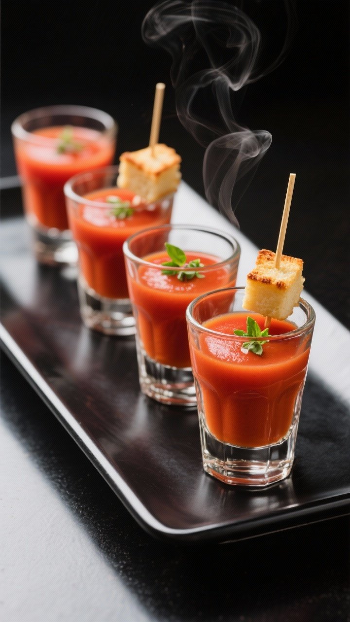 Final dish presentation: Shot-glass tomato soup shots lined on a matte black tray, each filled three