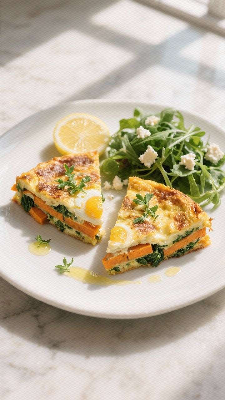 Final dish presentation: Two neatly cut wedges of the frittata plated on a white ceramic plate with 