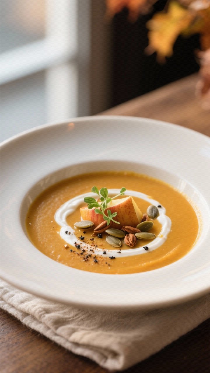 Final dish: Restaurant-quality bowl of Pumpkin Apple Soup with Nutmeg and Cream, finished with a del