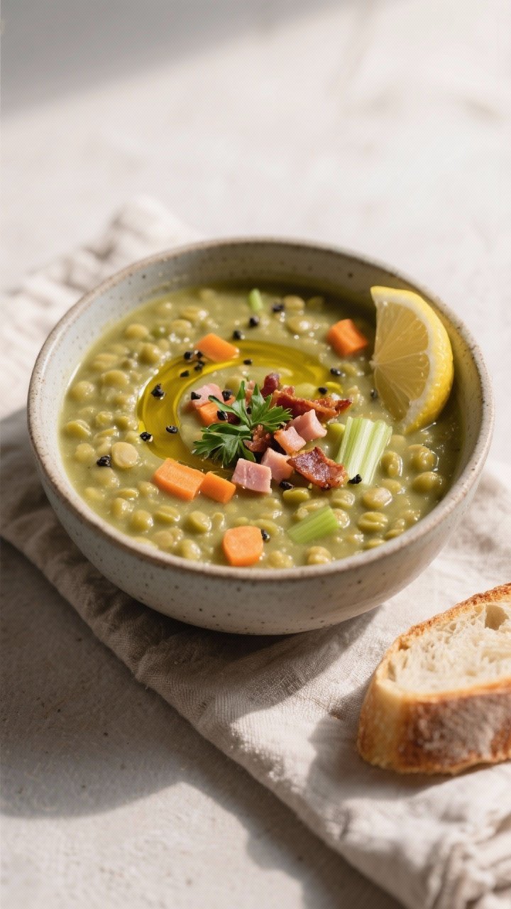 Final dish, rustic-chunky presentation: A warm, inviting bowl of split pea soup served chunky on a m