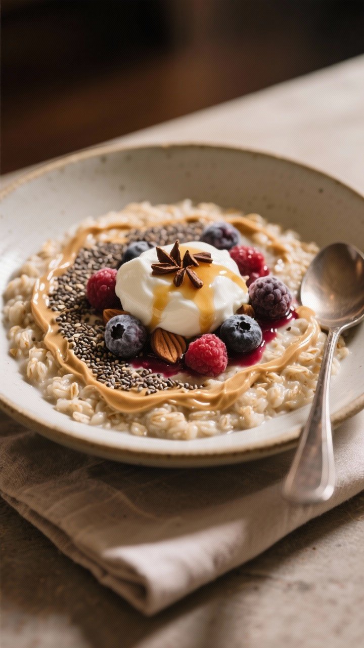 Final dish, styled presentation: Beautifully plated oatmeal with chia seeds in a wide, shallow bowl,