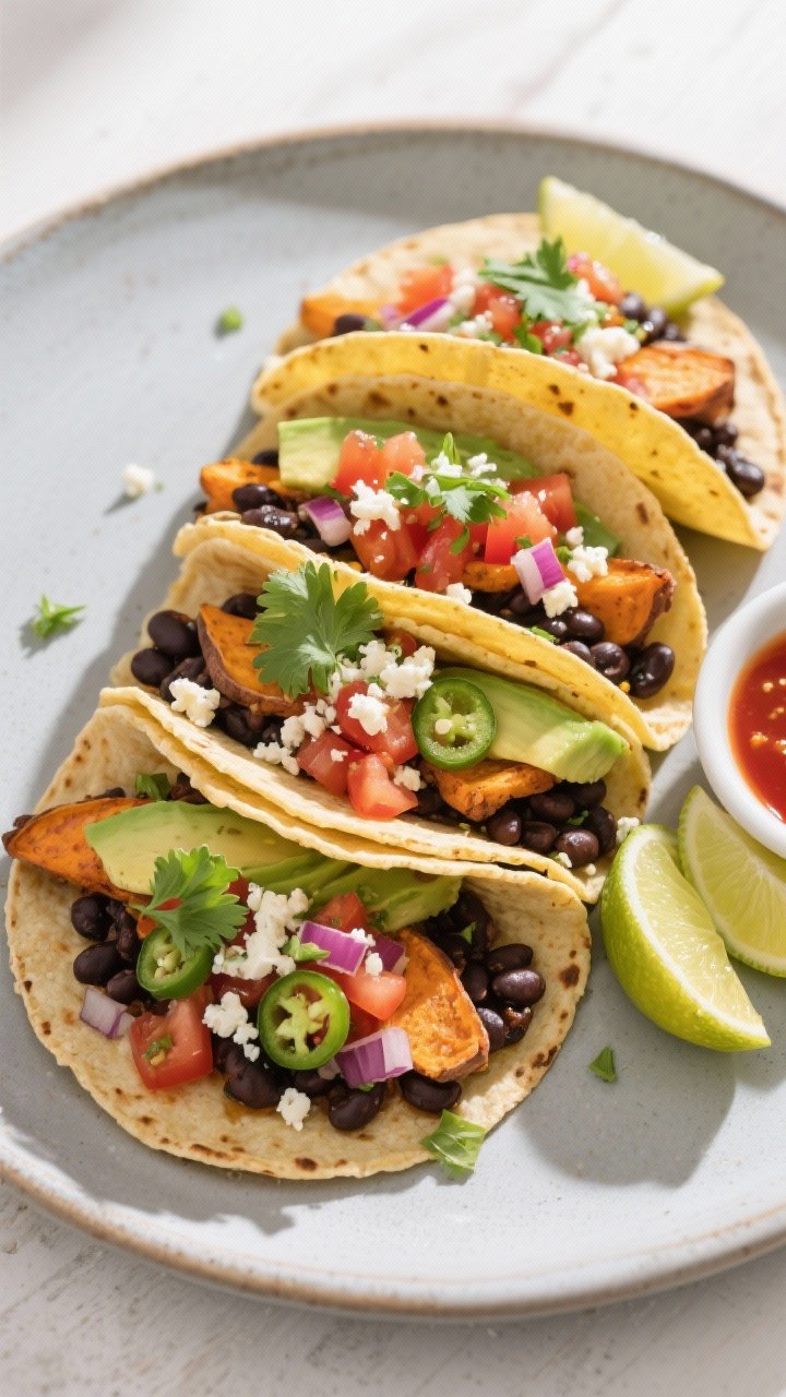 Final dish, tasty top view: Overhead shot of assembled Sweet Potato Black Bean Tacos (corn tortillas