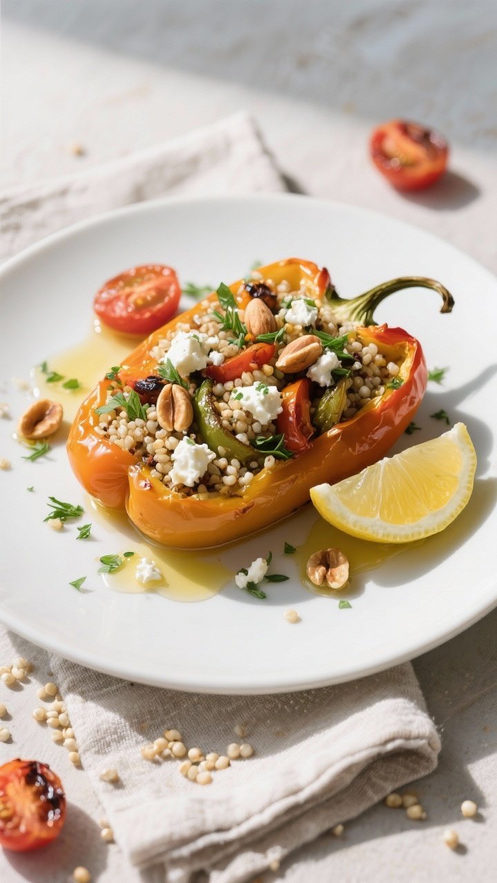Final dish, tasty top view: Overhead shot of finished quinoa and roasted vegetable stuffed peppers,