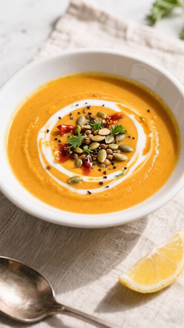 Final dish top view: Silky blended roasted butternut squash and lentil soup in a wide white bowl, vi