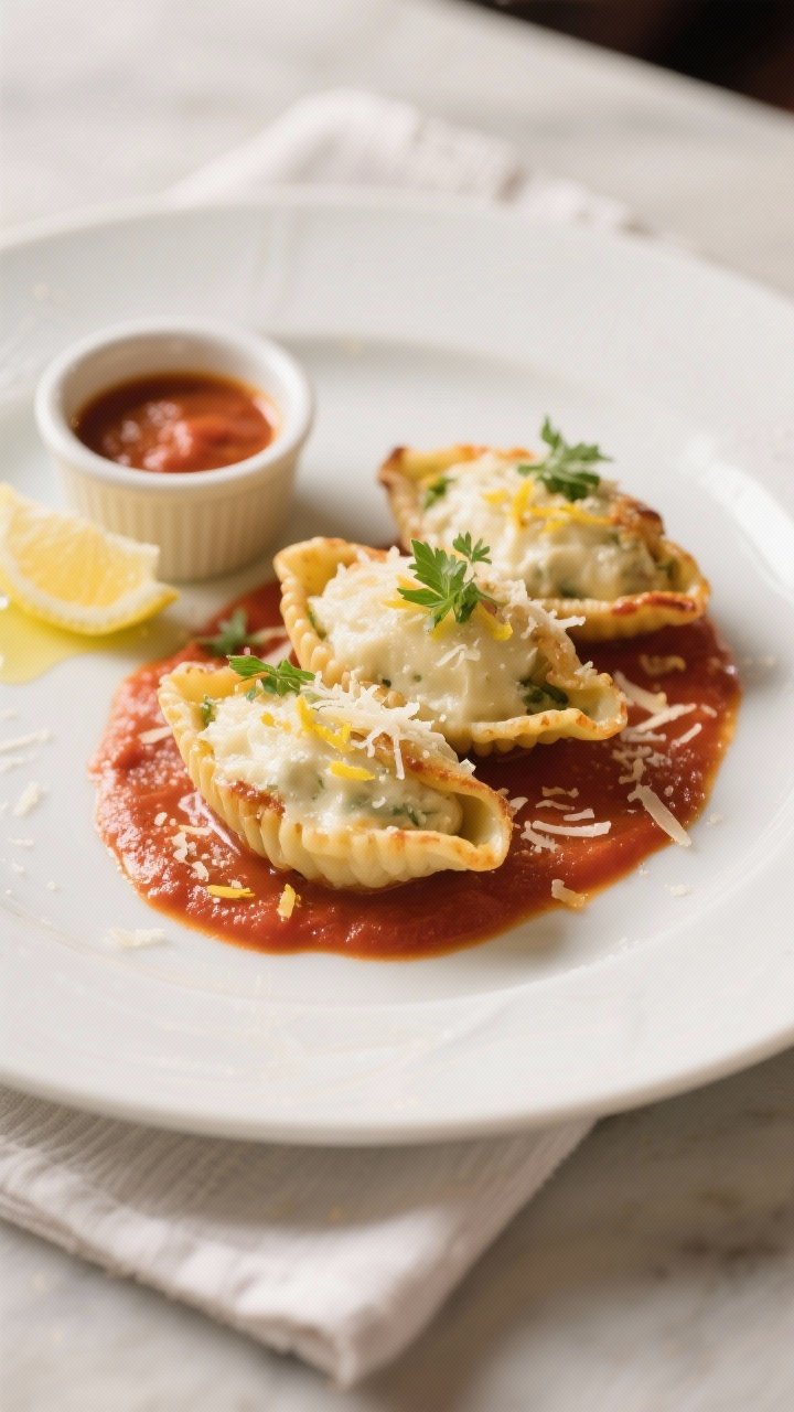 Final plated beauty: A restaurant-level plate of three stuffed shells arranged in a fan on a wide wh