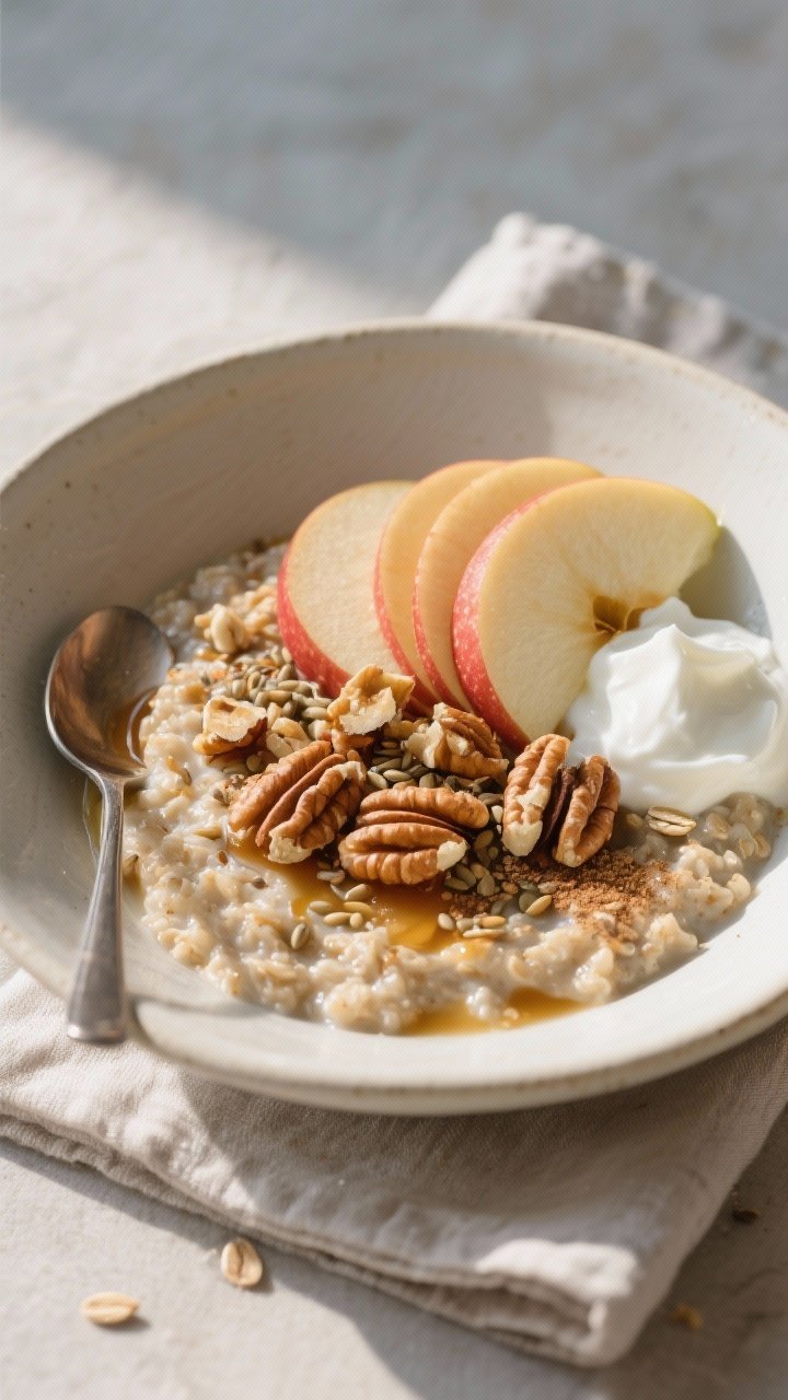 Final plated bowl beauty shot: Apple Cinnamon Oatmeal with Walnuts and Flaxseed served in a wide, of