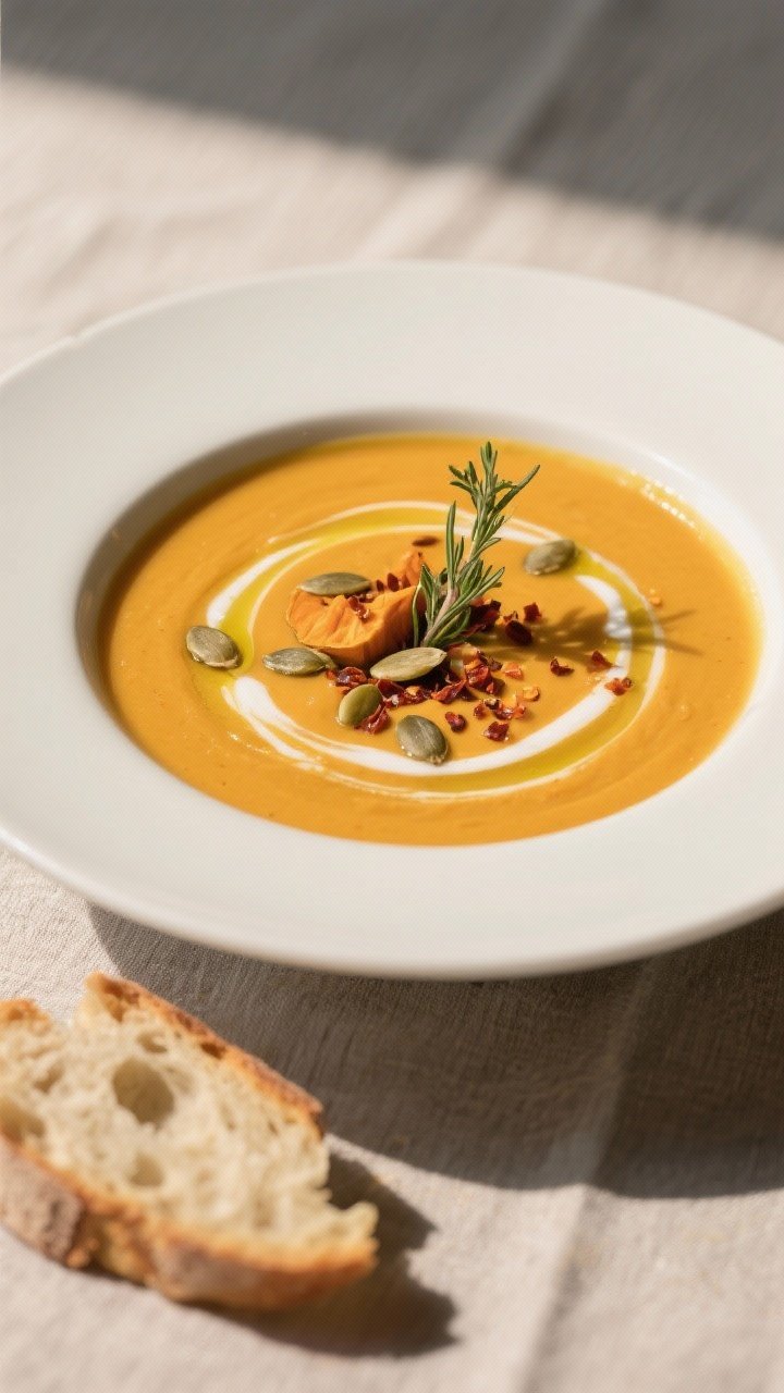 Final plated bowl beauty: Velvety roasted pumpkin soup poured into a matte white shallow bowl, ultra
