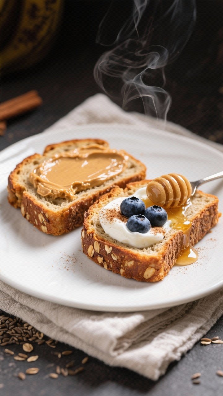 Final plated breakfast scene: Two thick slices of the banana–oat–flax loaf toasted to golden edg