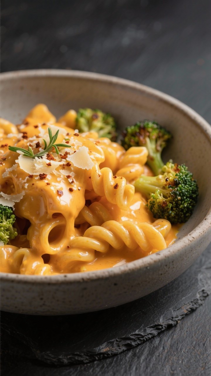 Final plated close-up: A heaping bowl of cavatappi coated in ultra-creamy butternut squash cheese sa