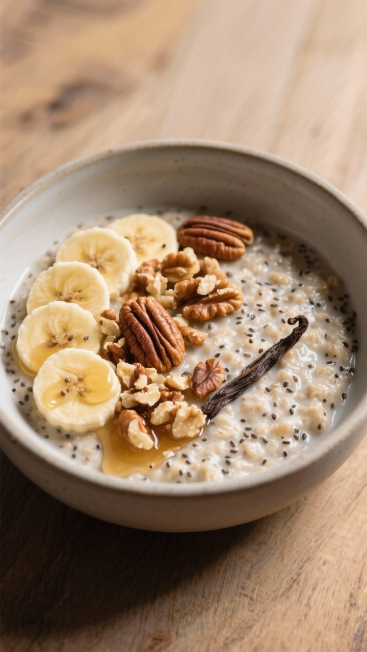 Final plated dish hero: Restaurant-quality presentation of Banana Nut Overnight Oats served in a mat