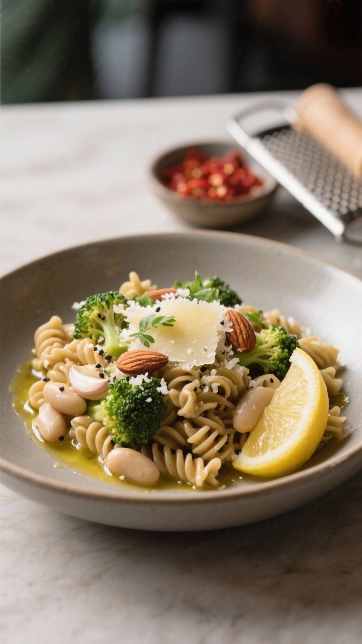 Final plated dish — restaurant presentation: Beautifully plated bowl of whole wheat fusilli with b