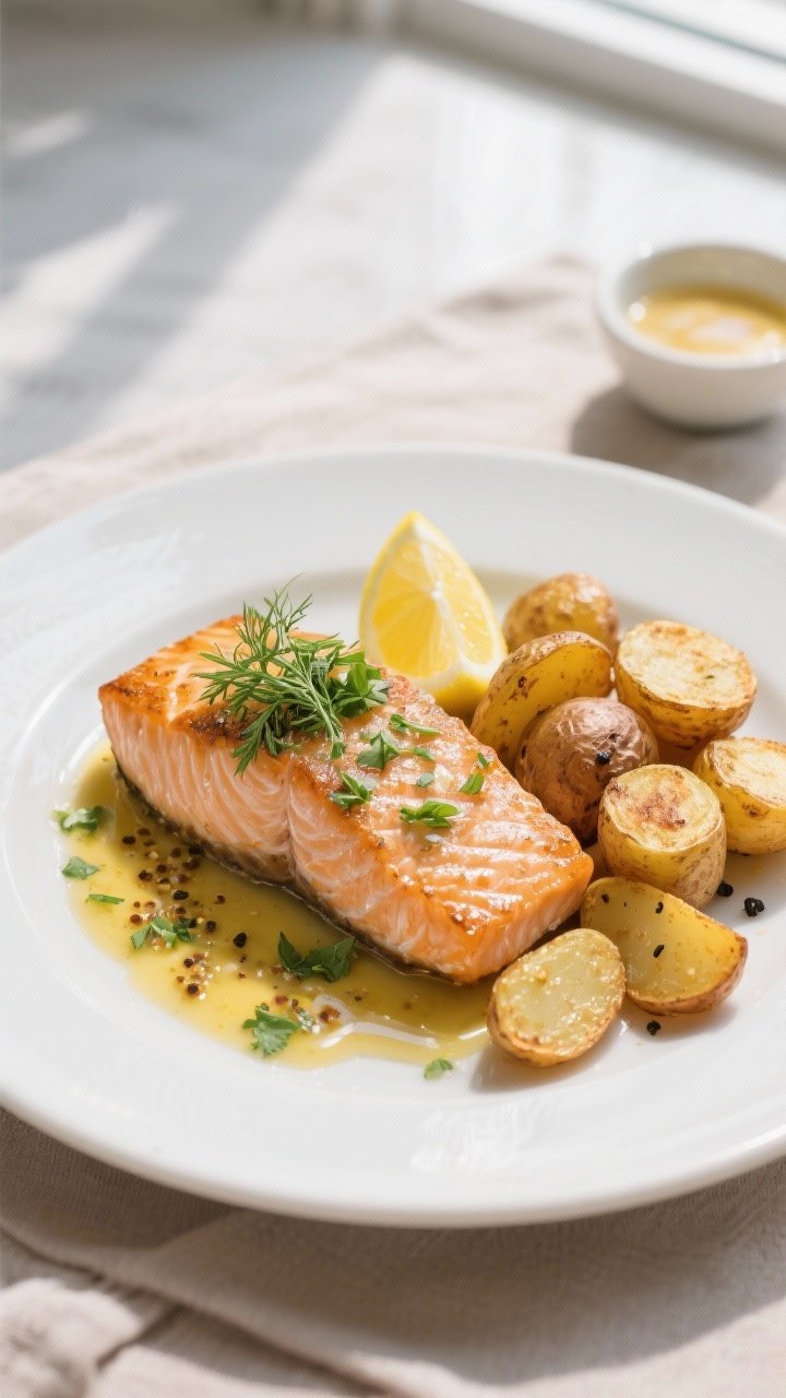Final plated dish, restaurant presentation: Lemon Herb Salmon with Roasted Potatoes plated on a matt