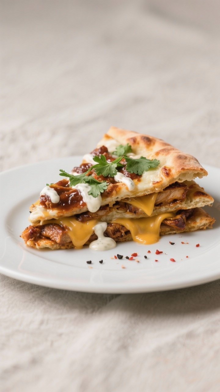 Final plated dish, restaurant-quality: Beautifully plated wedge of BBQ Chicken Flatbread on a matte