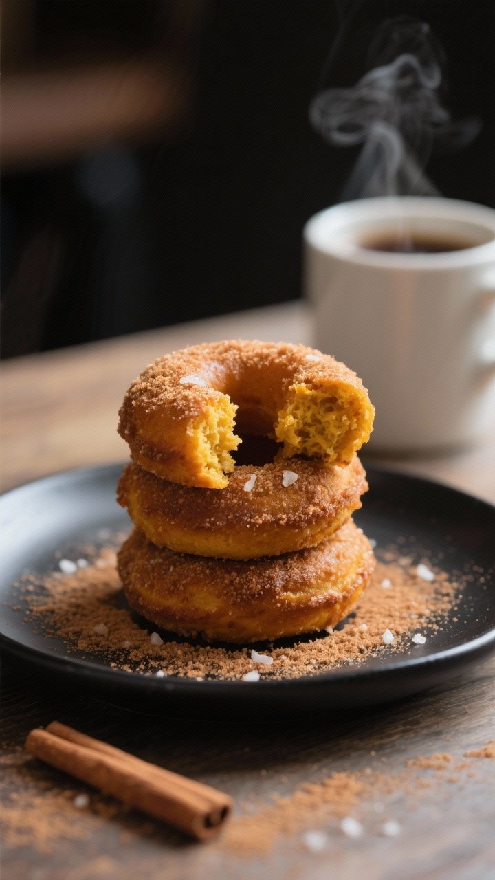 Final plated dish: Restaurant-quality presentation of cinnamon-sugar–coated baked pumpkin donuts s