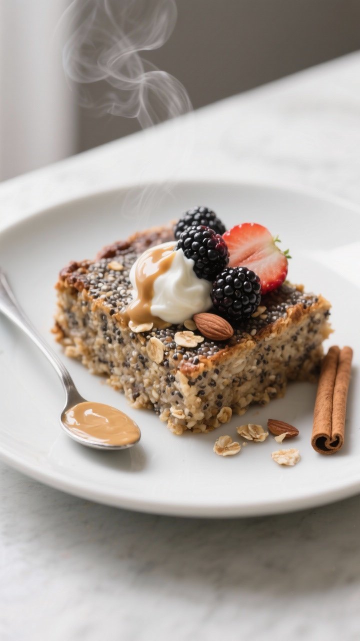 Final plated dish: Restaurant-quality presentation of a plated slice of berry chia baked oatmeal on