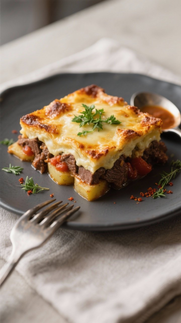 Final plated dish: Restaurant-quality presentation of a neatly sliced square of Beef and Potato Cass