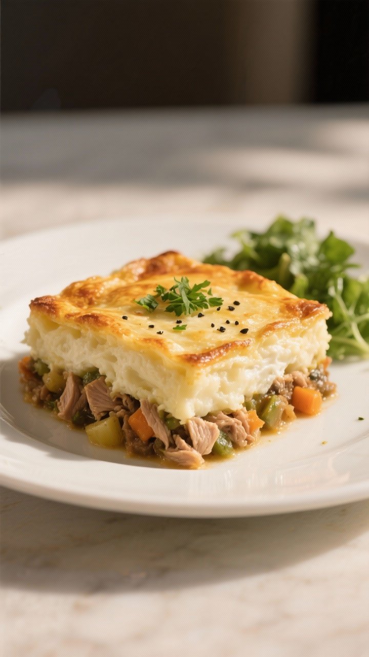 Final plated dish: Restaurant-quality presentation of a generous square of Turkey and Vegetable Shep