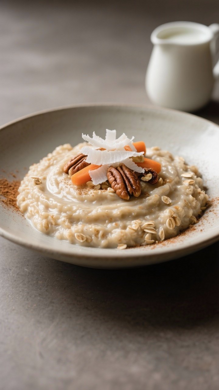 Final plated dish: Restaurant-quality presentation of carrot cake oatmeal in a low, wide bowl with a