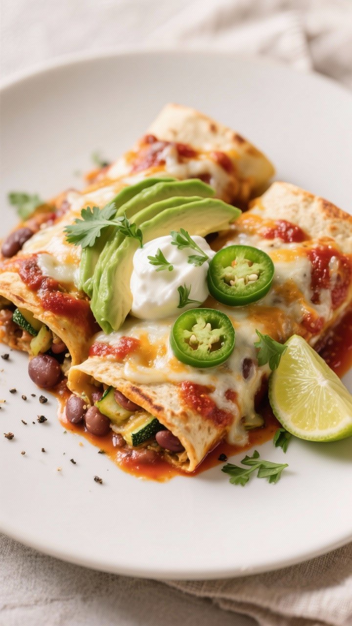 Final plated dish: Restaurant-quality presentation of two baked High Fiber Zucchini & Bean Enchilada