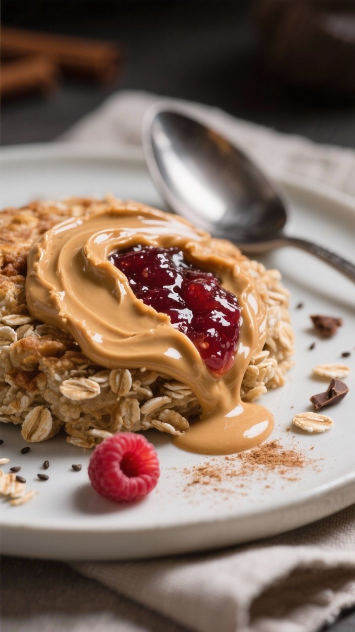 Final plated glamour — Close-up detail of the peanut butter swirl and jam pocket: Tight macro shot