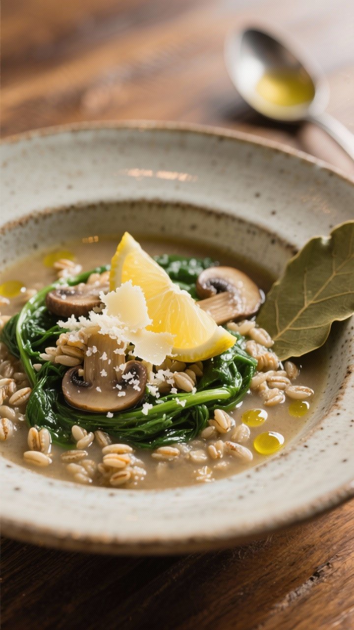 Final plated hero: Restaurant-quality bowl of barley and mushroom soup with spinach, presented with 