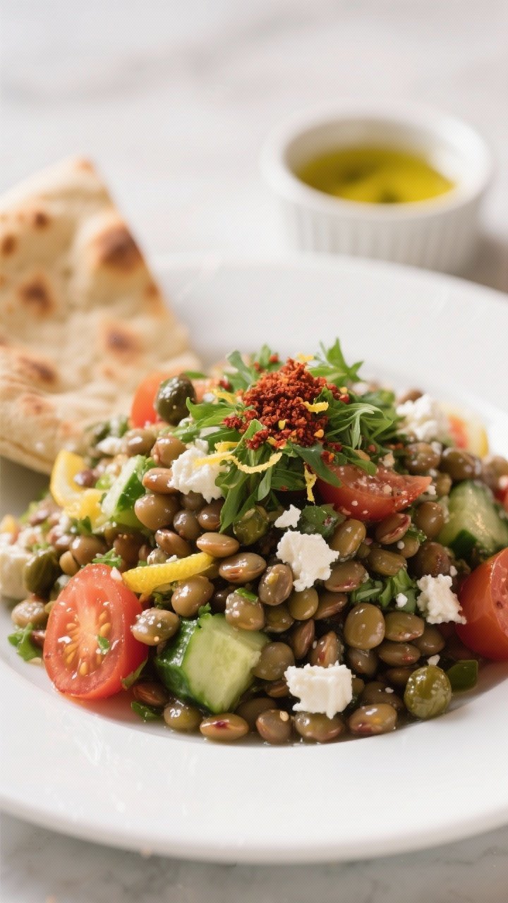 Final plated hero: Restaurant-quality presentation of the lentil salad mounded in a shallow white pl
