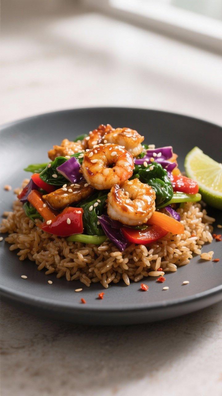 Final plated hero: Restaurant-quality presentation of the power bowl—brown rice base with a neat m