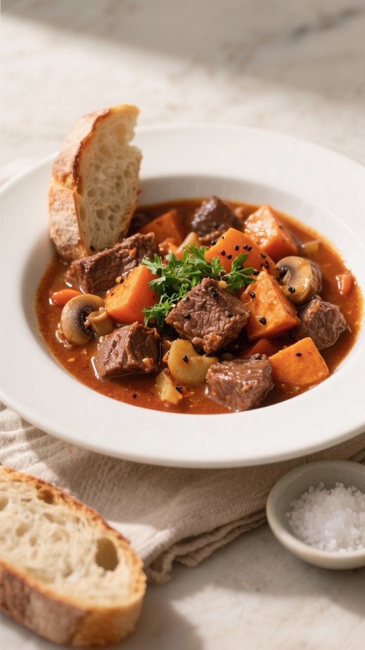 Final plated presentation: a generous bowl of Slow Cooker Beef Stew with Sweet Potatoes served in a