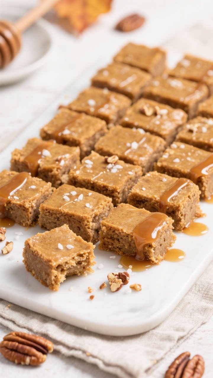 Final plated presentation: Neatly sliced Maple Pecan Blondie squares (12–16 bars) arranged on a ma