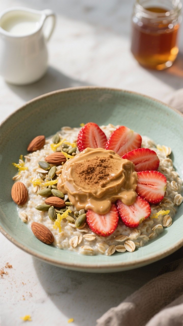 Final plated presentation of Overnight Oats with Strawberries and Almond Butter in a wide, low ceram