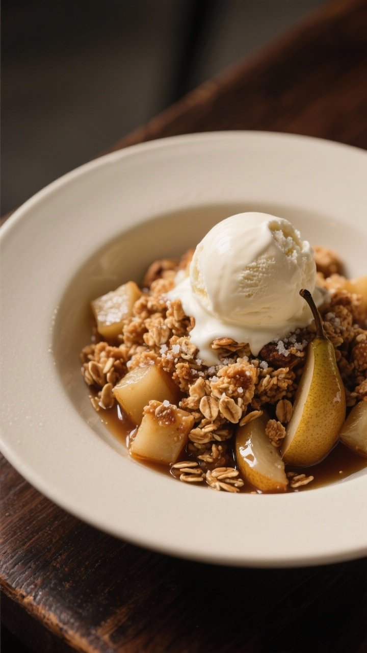 Final plated presentation: Restaurant-quality bowl of warm pear crisp topped with a perfectly rounde