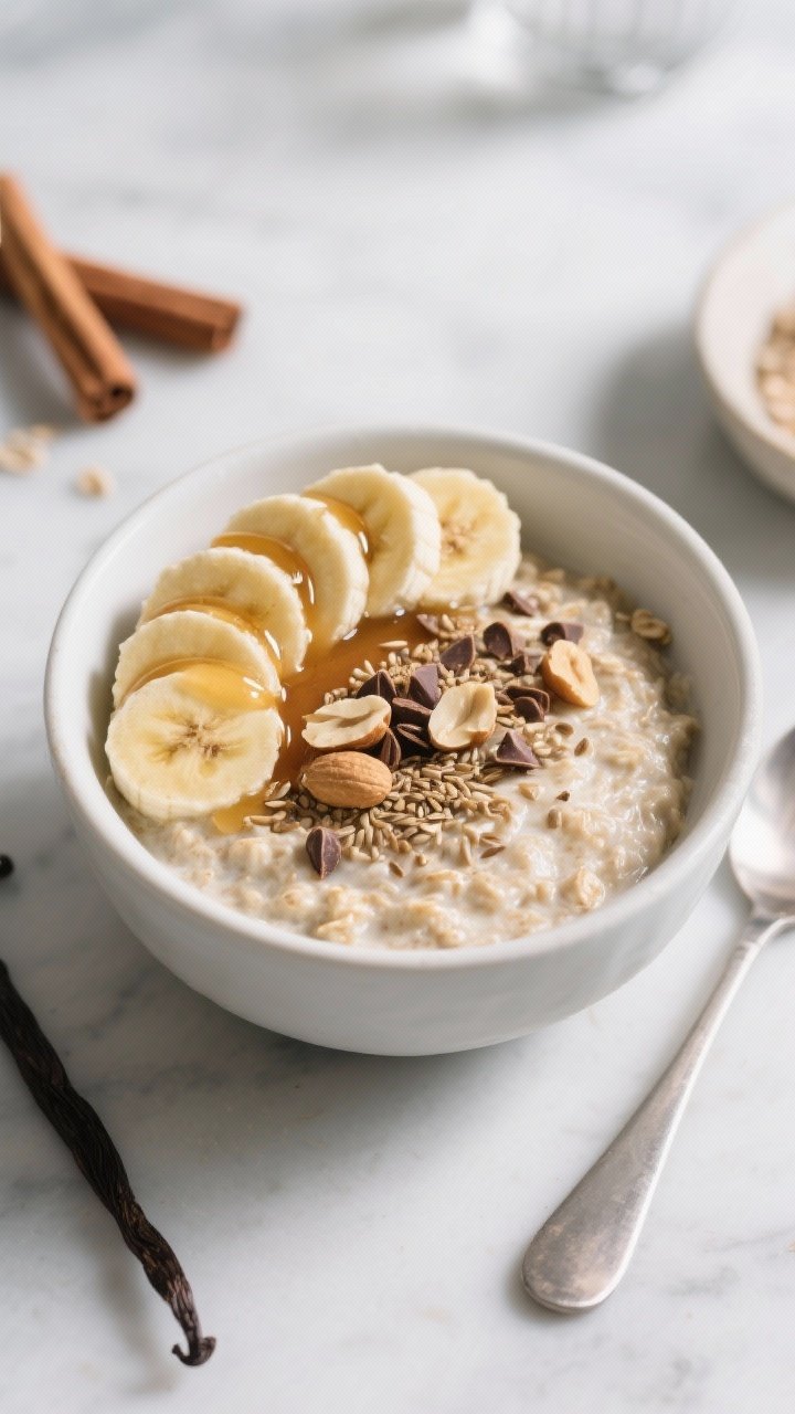 Final plated presentation: Restaurant-quality bowl of overnight oats served for breakfast—ultra-cr