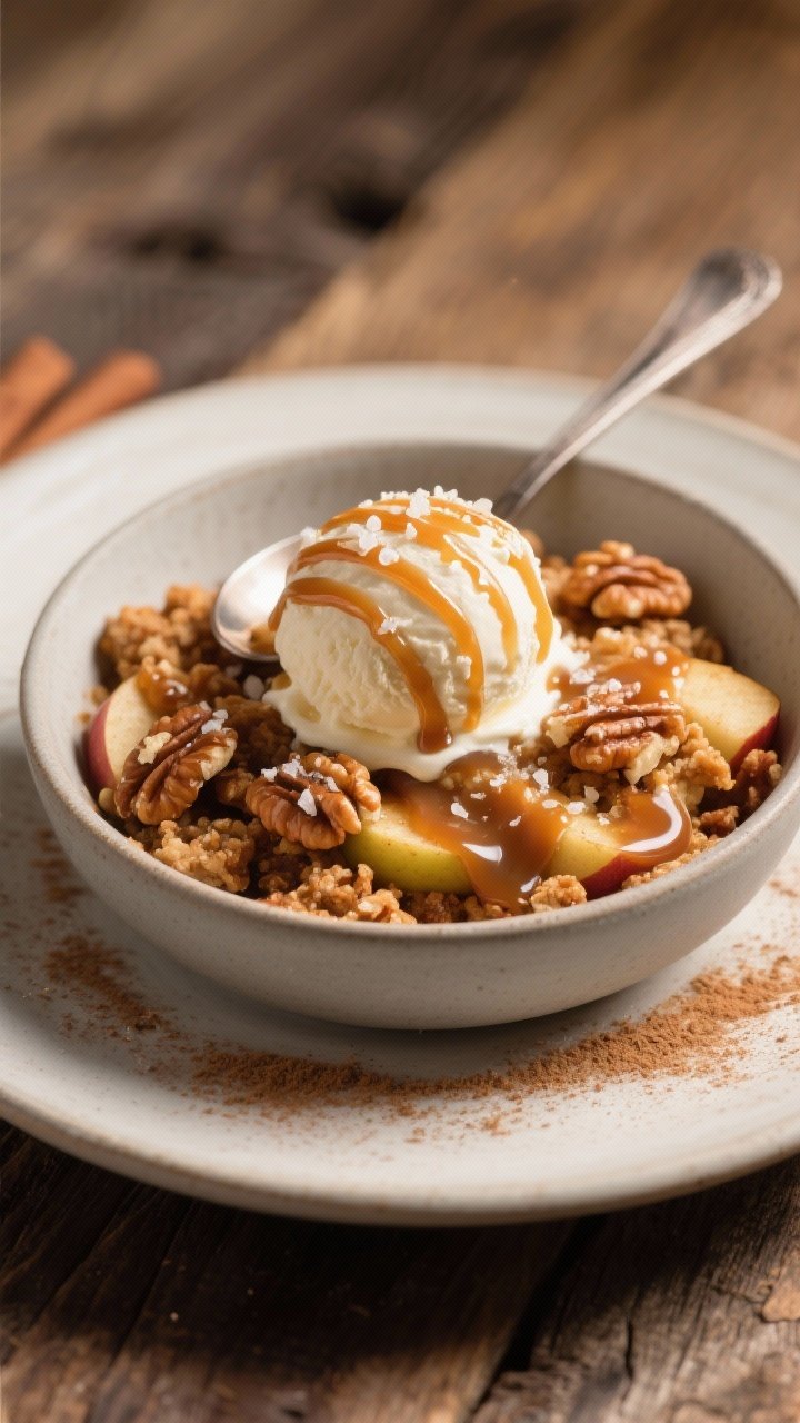 Final plated presentation: Restaurant-quality bowl of Caramel Apple Crisp served warm, a generous sp