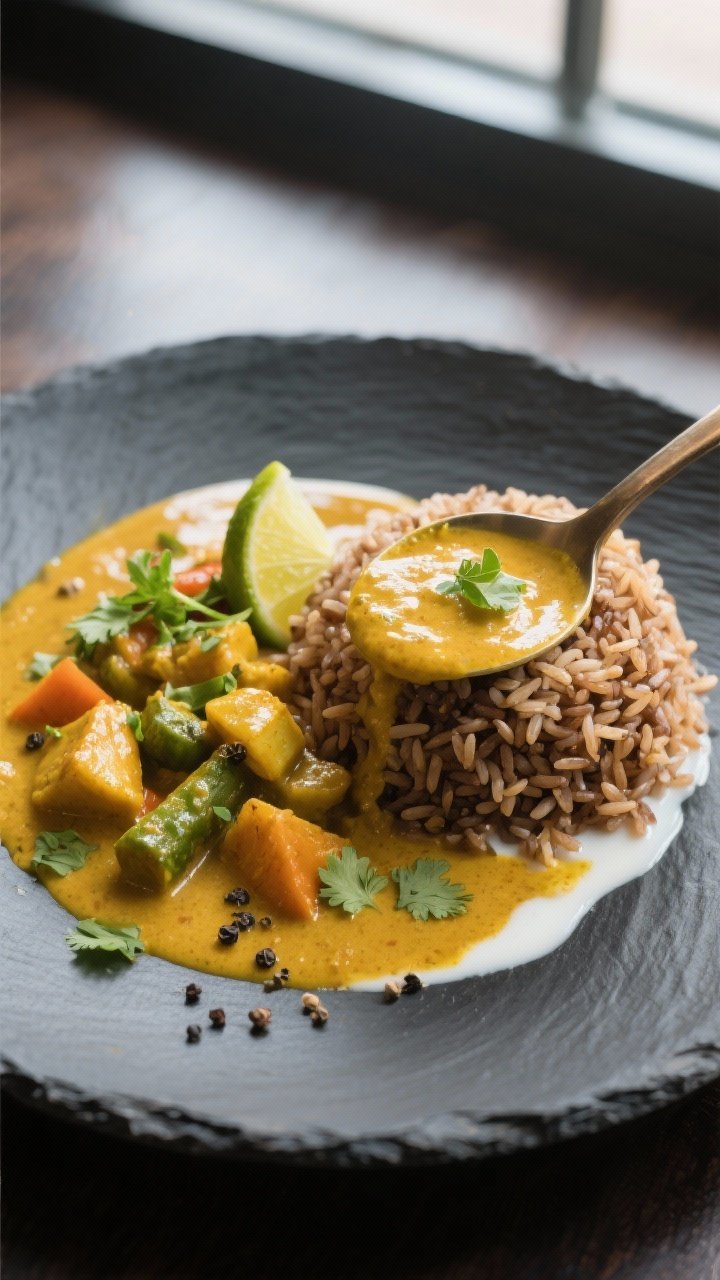 Final plated presentation: Restaurant-quality plate of vegetable curry and brown rice with refined s