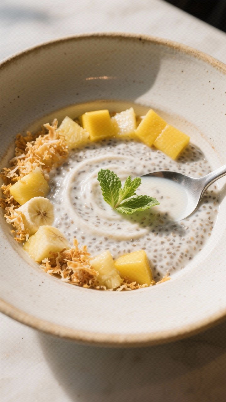 Final plated presentation: Tropical variation of Banana Chia Seed Pudding in a low, wide ceramic bow