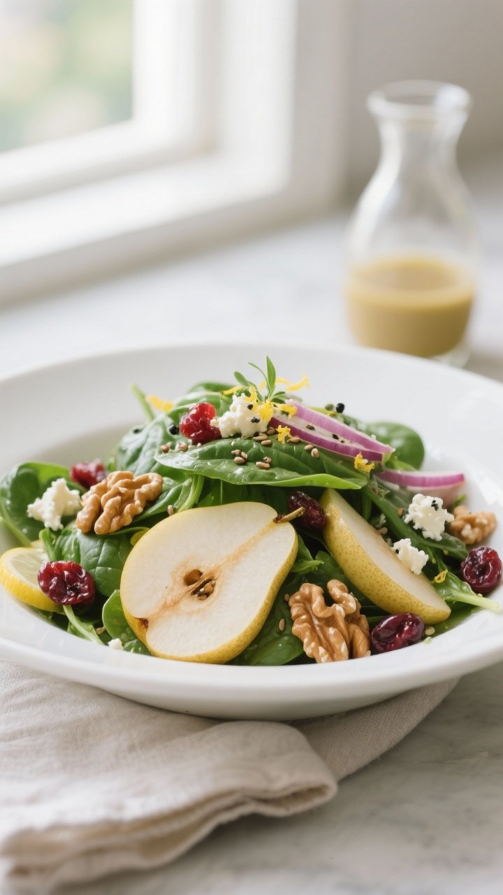 Final plated salad beauty shot: Pear and Walnut Spinach Salad with Flaxseed Dressing elegantly layer