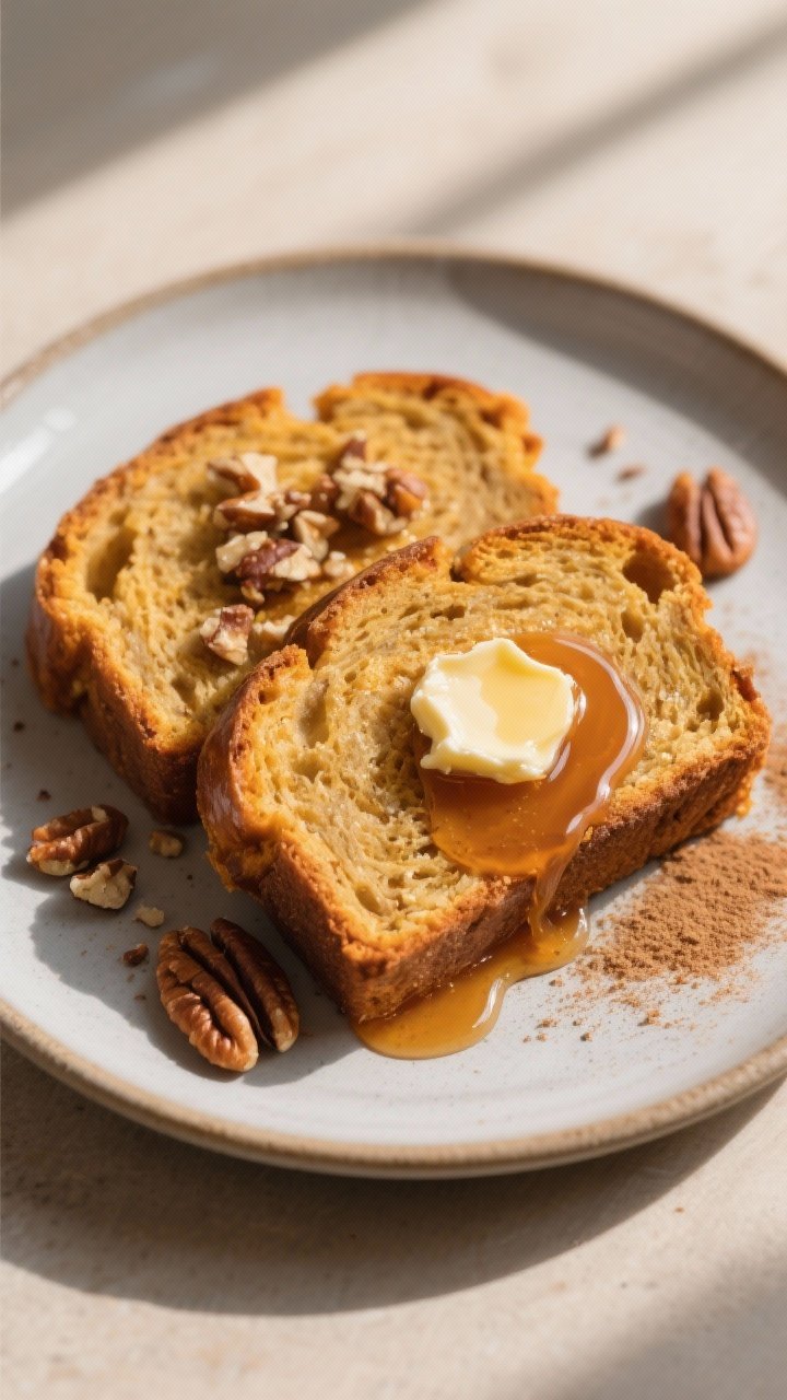 Final presentation: Restaurant-quality plate-up of two thick slices of pumpkin bread on a matte cera