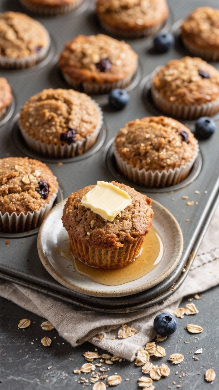 Final presentation: Restaurant-quality scene of 12 high-fiber banana bran muffins baked to a deep go