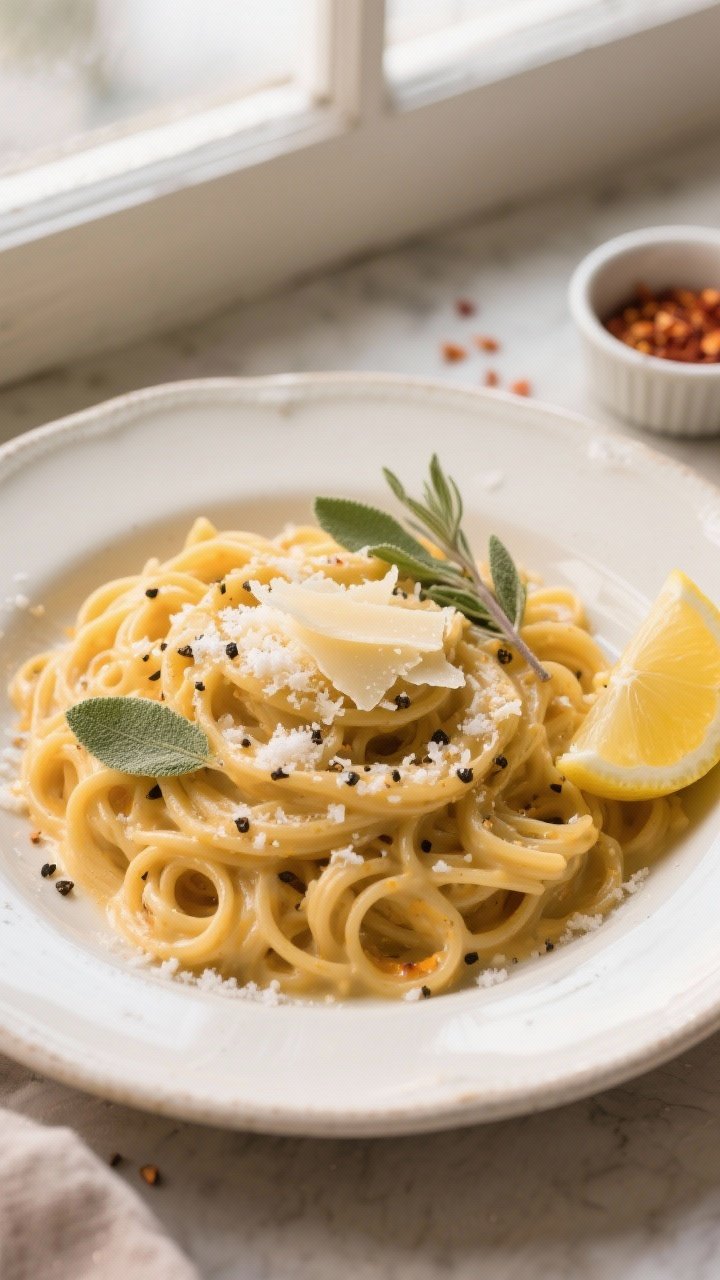 Overhead final dish: Pumpkin Alfredo Pasta twirled into nests on a wide, off-white ceramic plate, to