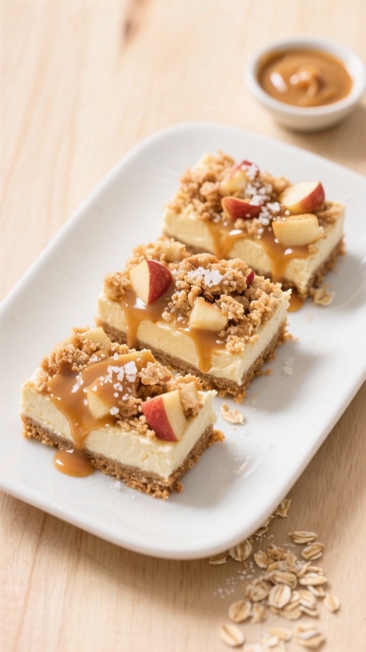 Overhead final presentation: Neatly sliced Apple Crisp Cheesecake Bars on a matte white platter, dri
