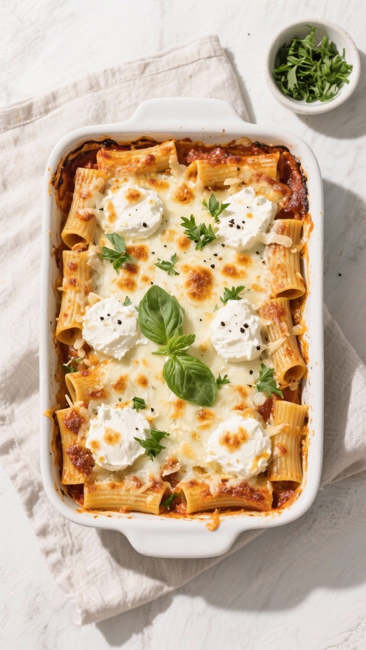 Overhead final presentation: of the finished baked rigatoni in a 9x13 baking dish, evenly melted moz