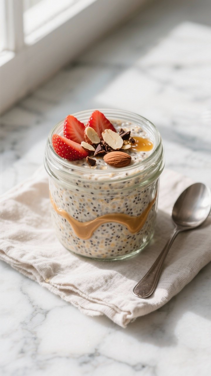 Overhead shot of prepared overnight oats just after the morning stir, in a clear pint jar on a cool-